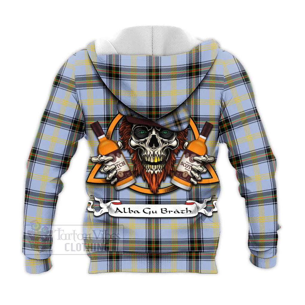 Tartan Vibes Clothing Bell Tartan Knitted Hoodie with Family Crest and Bearded Skull Holding Bottles of Whiskey