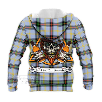 Bell Tartan Knitted Hoodie with Family Crest and Bearded Skull Holding Bottles of Whiskey