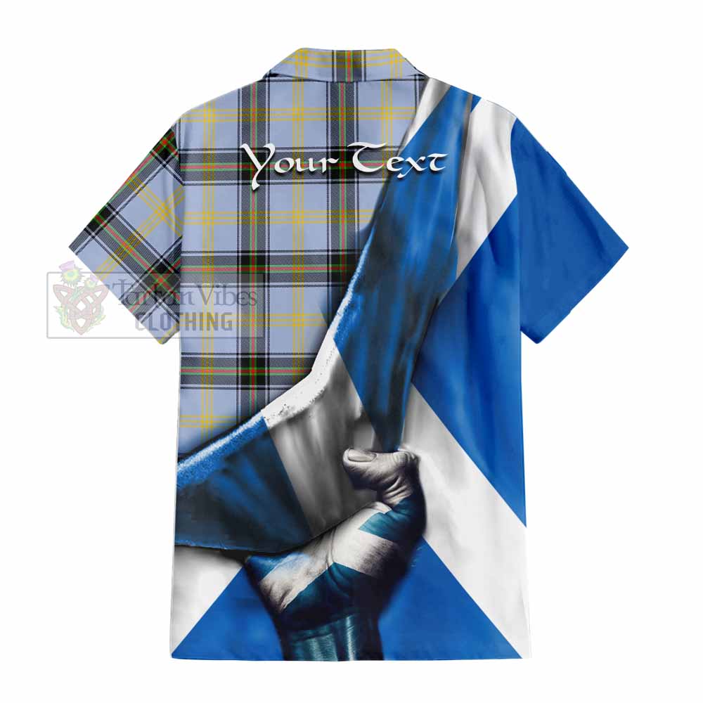 Tartan Vibes Clothing Bell Tartan Short Sleeve Button Shirt with Family Crest Scotland Patriotic Style