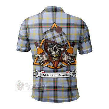 Bell Tartan Polo Shirt with Family Crest and Bearded Skull Holding Bottles of Whiskey