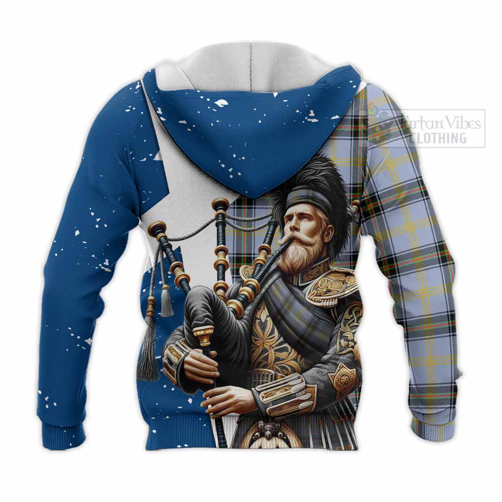 Tartan Vibes Clothing Bell Tartan Knitted Hoodie with Family Crest Scottish Bagpiper Vibes