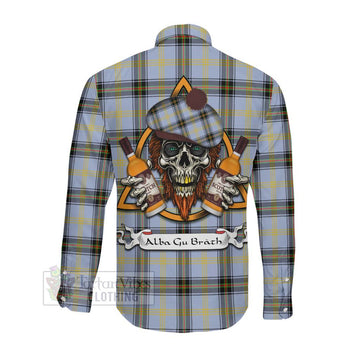 Bell Tartan Long Sleeve Button Shirt with Family Crest and Bearded Skull Holding Bottles of Whiskey Men's Shirt - Tartan Vibes Clothing