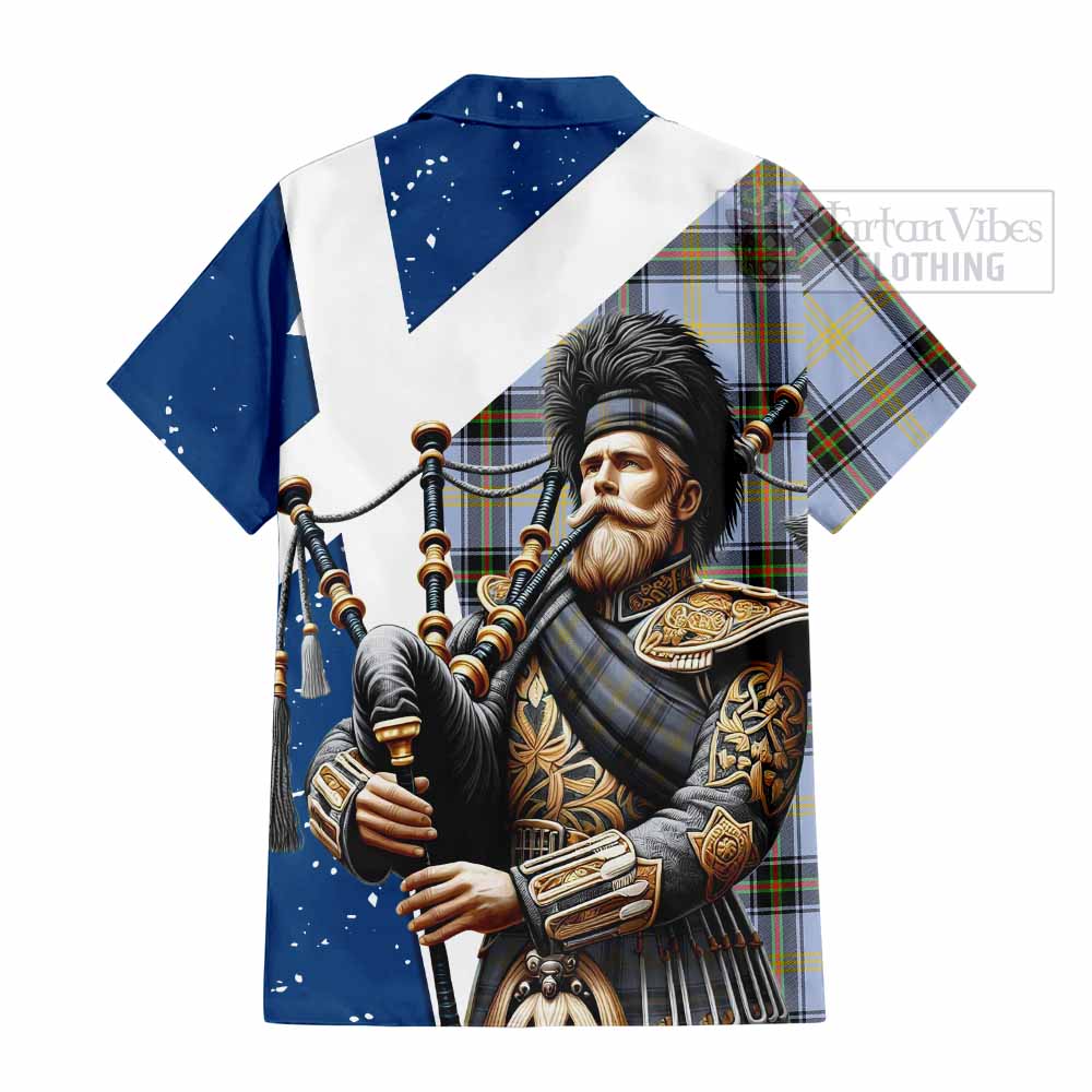 Tartan Vibes Clothing Bell Tartan Short Sleeve Button Shirt with Family Crest Scottish Bagpiper Vibes