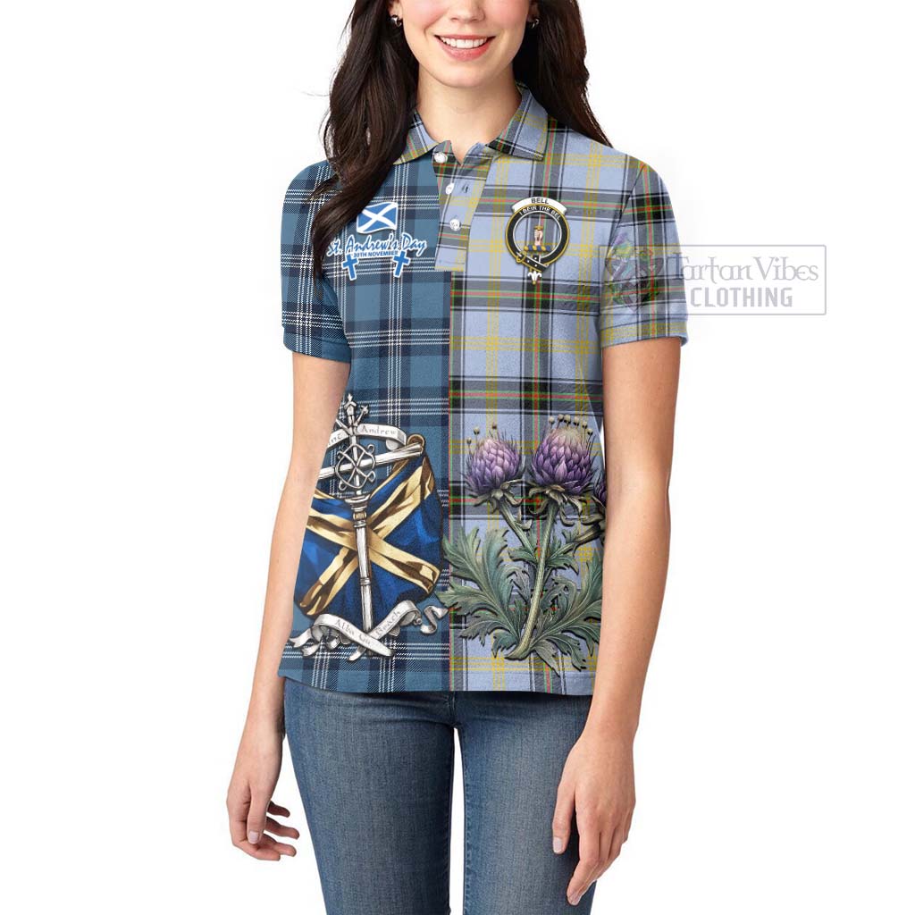 Bell Tartan Women's Polo Shirt Happy St. Andrew's Day Half Tartan Style - Tartan Vibes Clothing