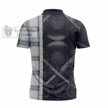 Bell Tartan Zipper Polo Shirt with Family Crest Cross Sword Thistle Celtic Vibes