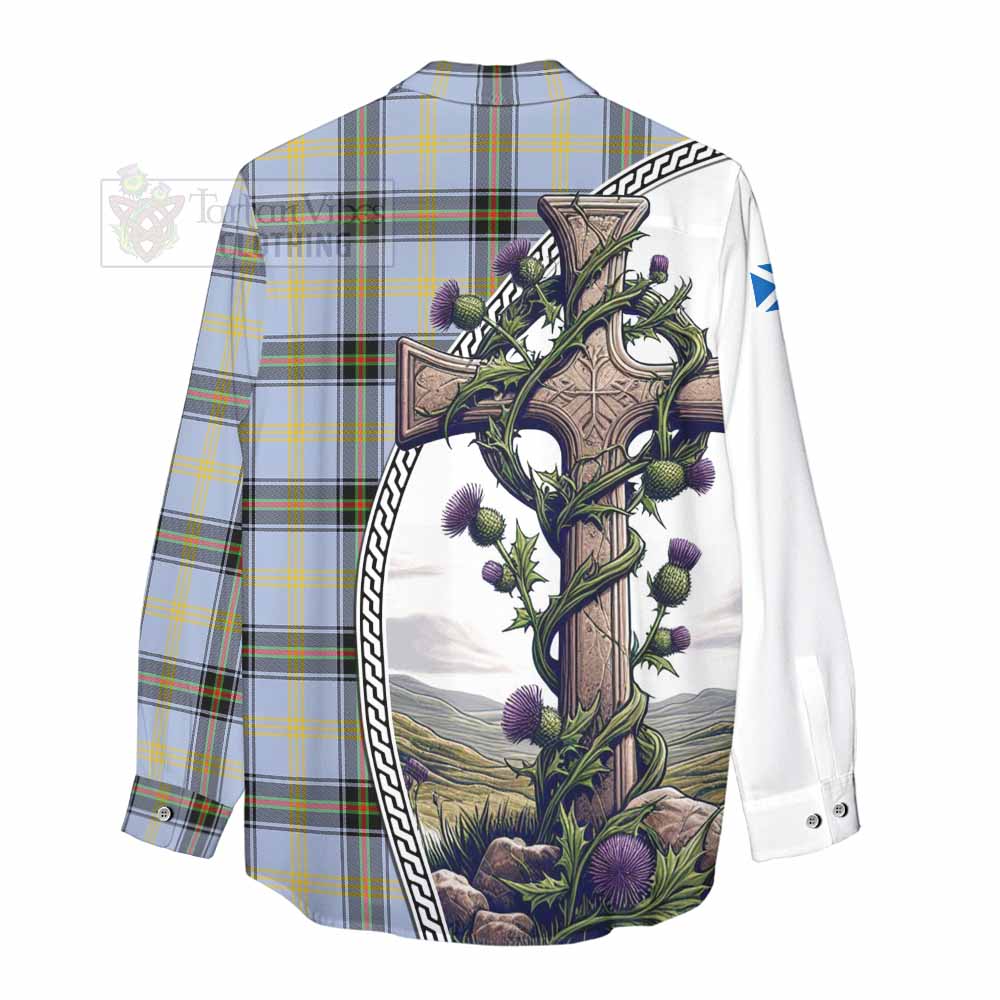 Tartan Vibes Clothing Bell Tartan Women's Casual Shirt with Family Crest and St. Andrew's Cross Accented by Thistle Vines