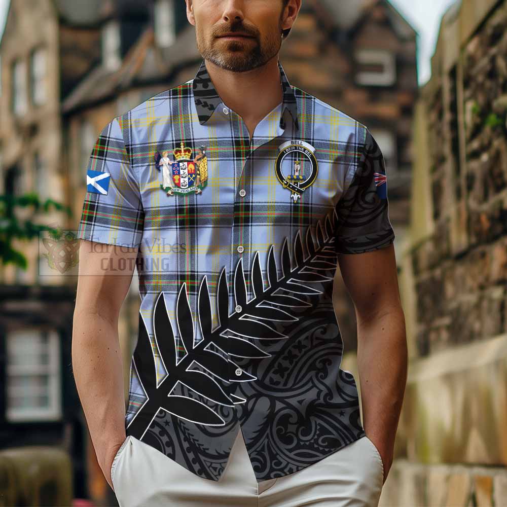 Tartan Vibes Clothing Bell Crest Tartan Short Sleeve Button Shirt with New Zealand Silver Fern Half Style