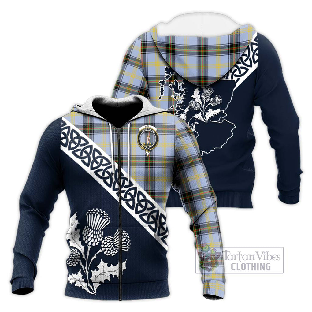 Tartan Vibes Clothing Bell Tartan Knitted Hoodie Featuring Thistle and Scotland Map