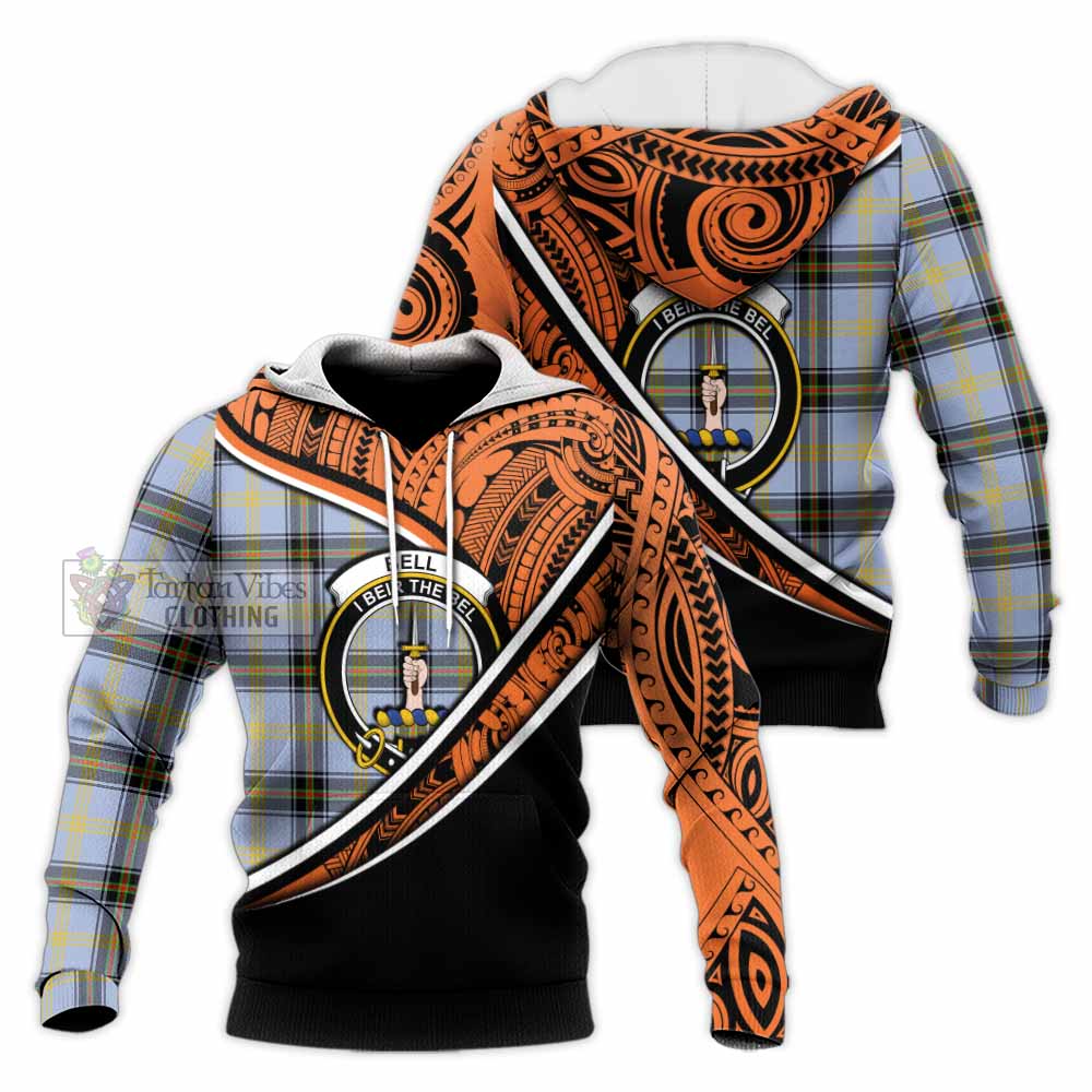 Tartan Vibes Clothing Bell Crest Tartan Knitted Hoodie with Maori Tattoo Style - Orange Version