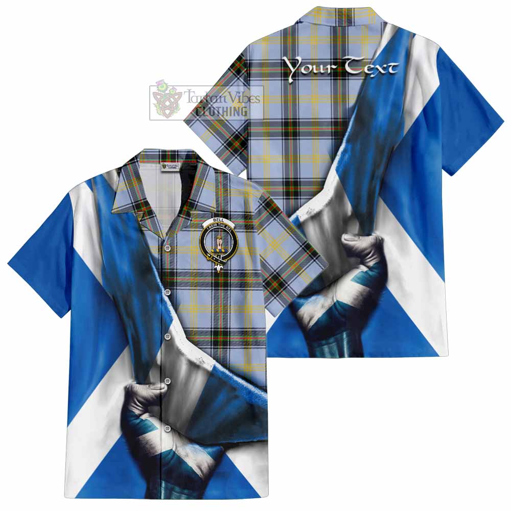 Tartan Vibes Clothing Bell Tartan Short Sleeve Button Shirt with Family Crest Scotland Patriotic Style