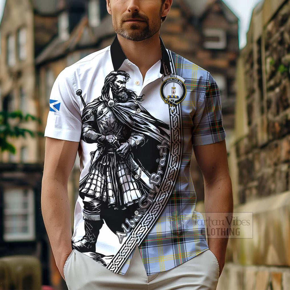 Tartan Vibes Clothing Bell Tartan Clan Crest Short Sleeve Button Shirt with Highlander Warrior Celtic Style