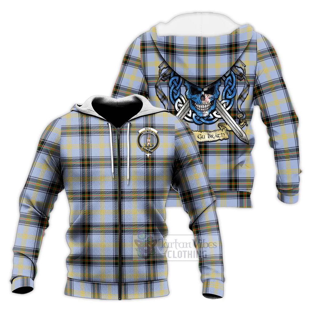 Tartan Vibes Clothing Bell Tartan Knitted Hoodie with Family Crest Celtic Skull Style