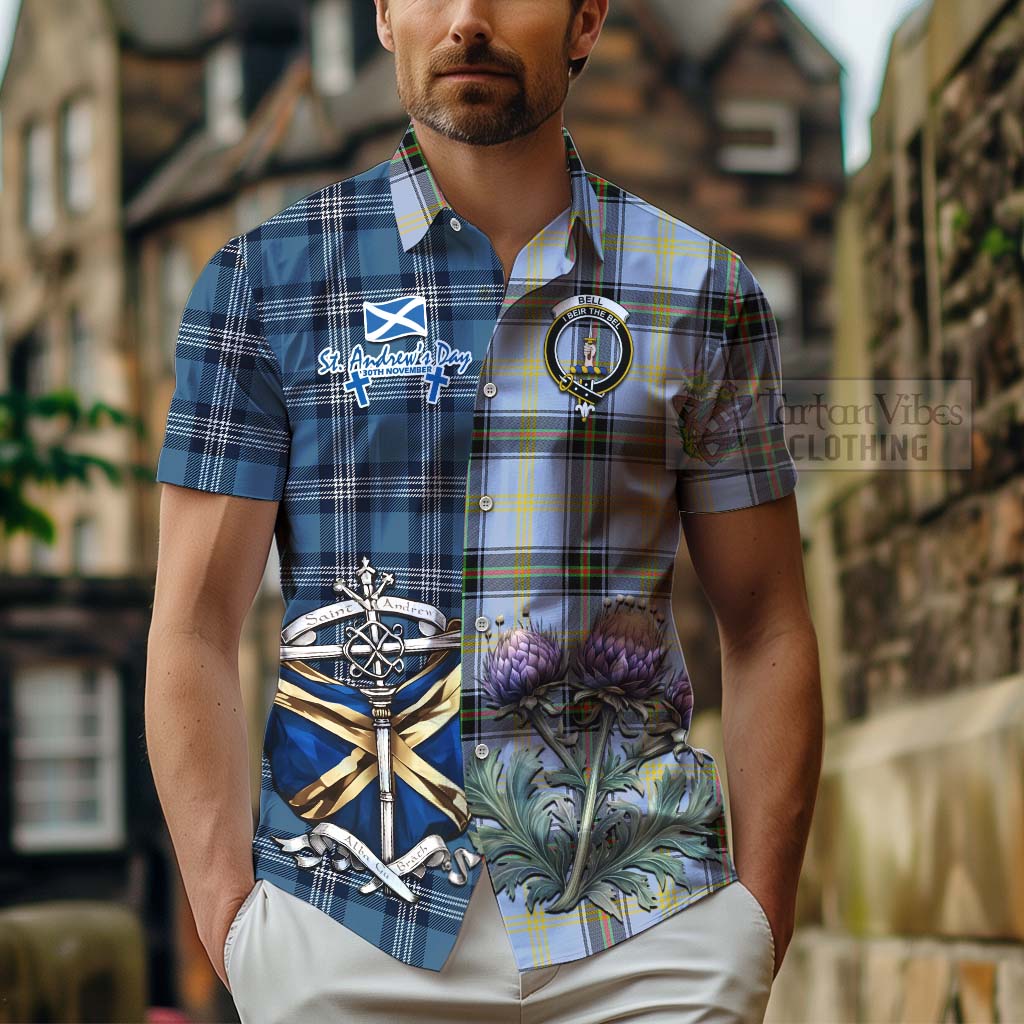 Tartan Vibes Clothing Bell Tartan Short Sleeve Button Shirt Happy St. Andrew's Day Half Tartan Style