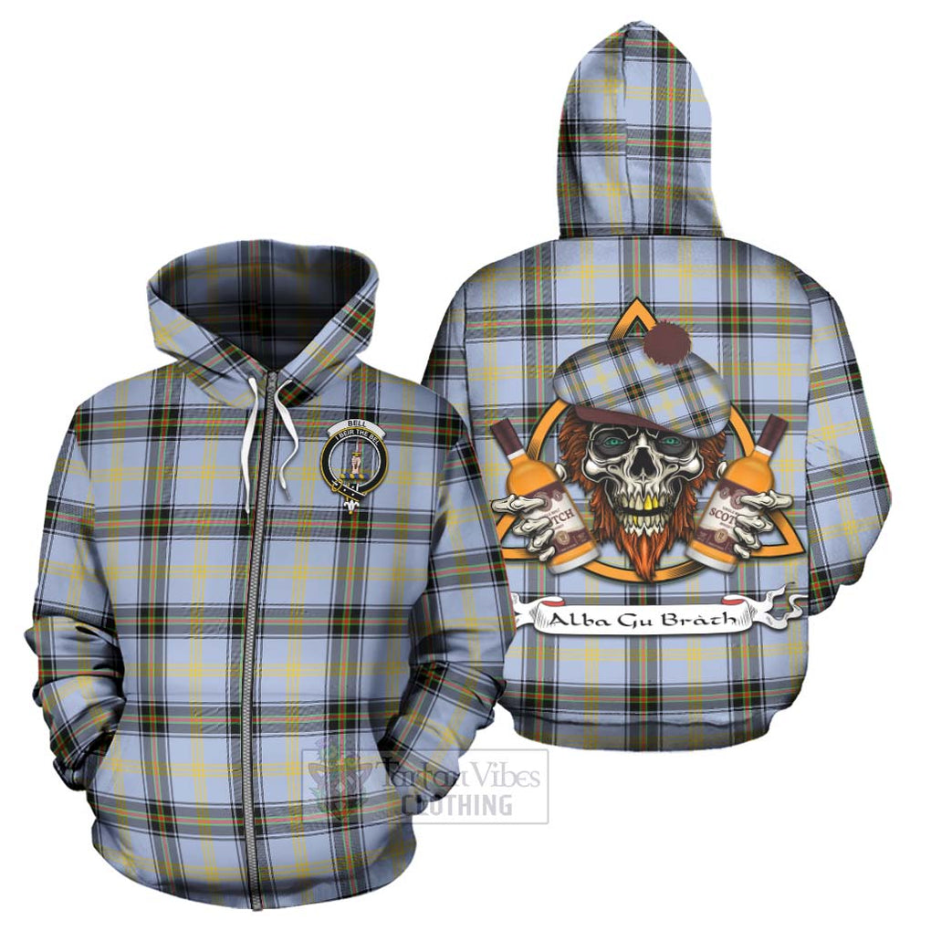 Tartan Vibes Clothing Bell Tartan Hoodie with Family Crest and Bearded Skull Holding Bottles of Whiskey