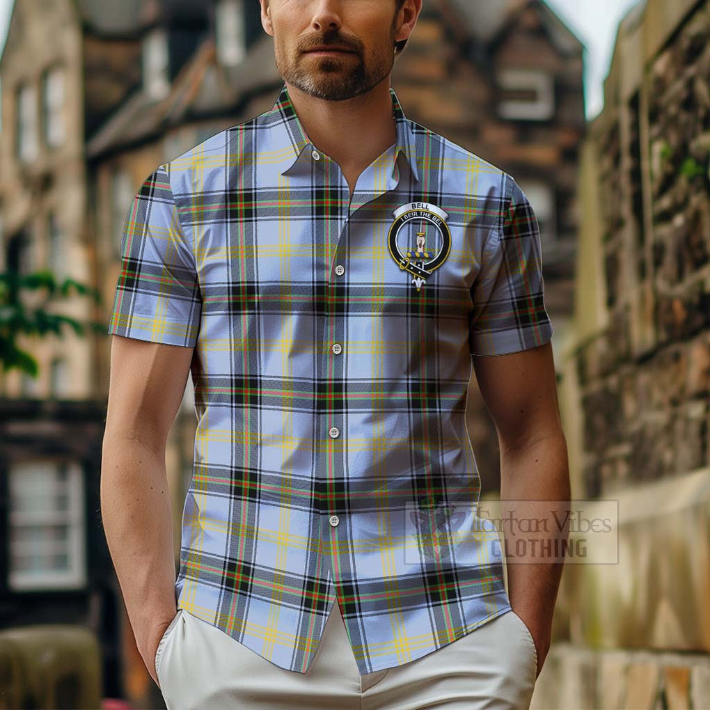 Tartan Vibes Clothing Bell Tartan Short Sleeve Button Shirt with Family Crest and Bearded Skull Holding Bottles of Whiskey