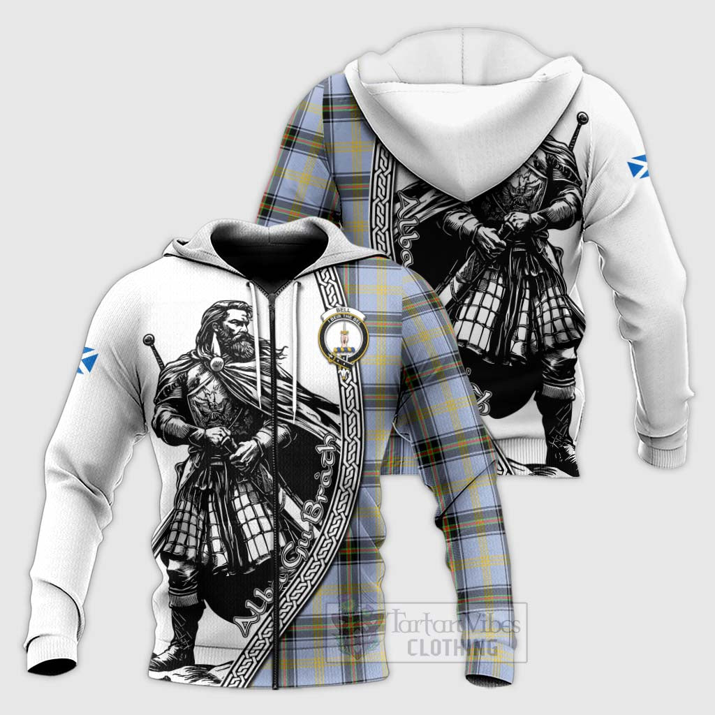 Tartan Vibes Clothing Bell Tartan Clan Crest Knitted Hoodie with Highlander Warrior Celtic Style