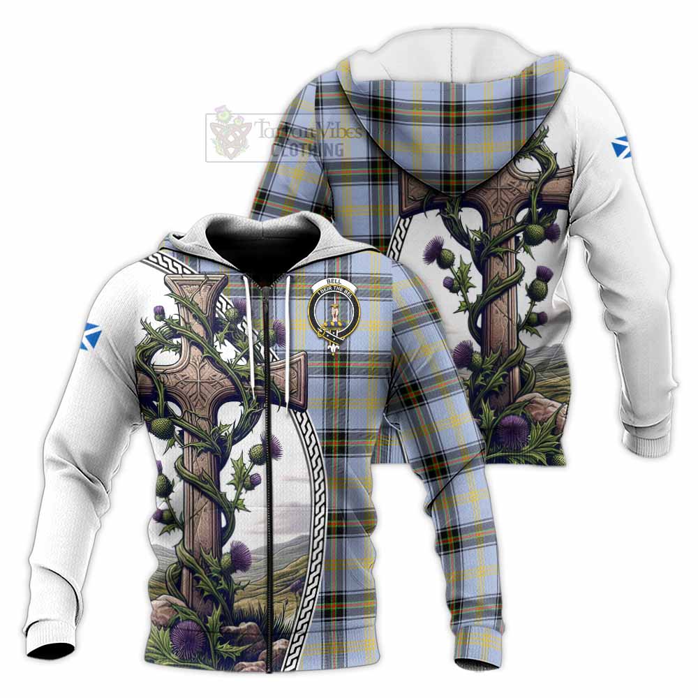 Tartan Vibes Clothing Bell Tartan Knitted Hoodie with Family Crest and St. Andrew's Cross Accented by Thistle Vines