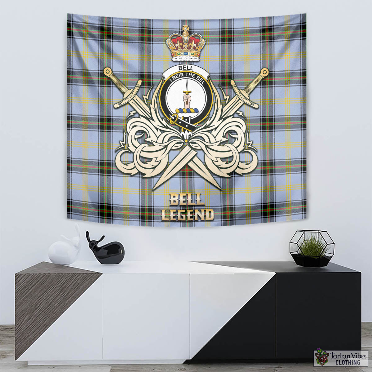 Tartan Vibes Clothing Bell Tartan Tapestry with Clan Crest and the Golden Sword of Courageous Legacy