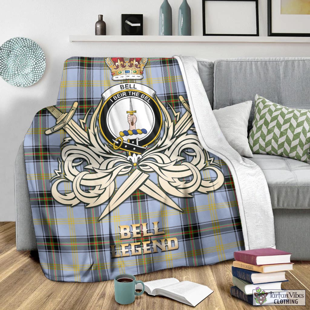 Tartan Vibes Clothing Bell Tartan Blanket with Clan Crest and the Golden Sword of Courageous Legacy