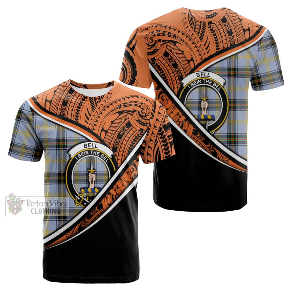 Tartan Vibes Clothing Bell Crest Tartan Cotton T-shirt with Maori Tattoo Style - Orange Version