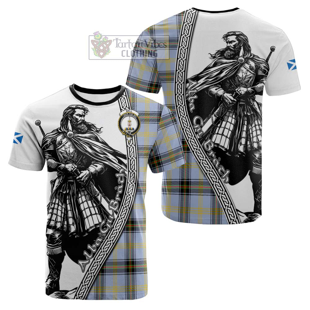 Bell Tartan Clan Crest Cotton T-shirt with Highlander Warrior Celtic Style