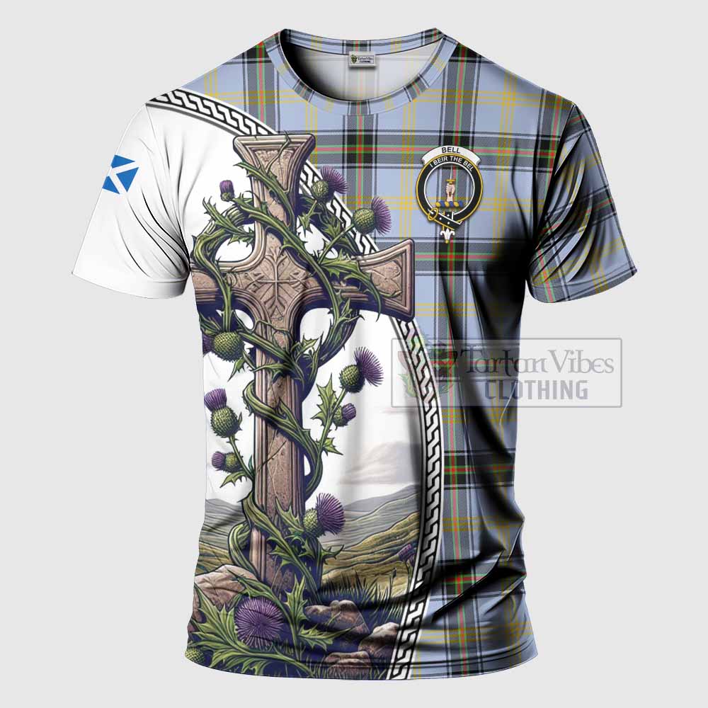 Tartan Vibes Clothing Bell Agnew Tartan T-Shirt with Family Crest and St. Andrew's Cross Accented by Thistle Vines