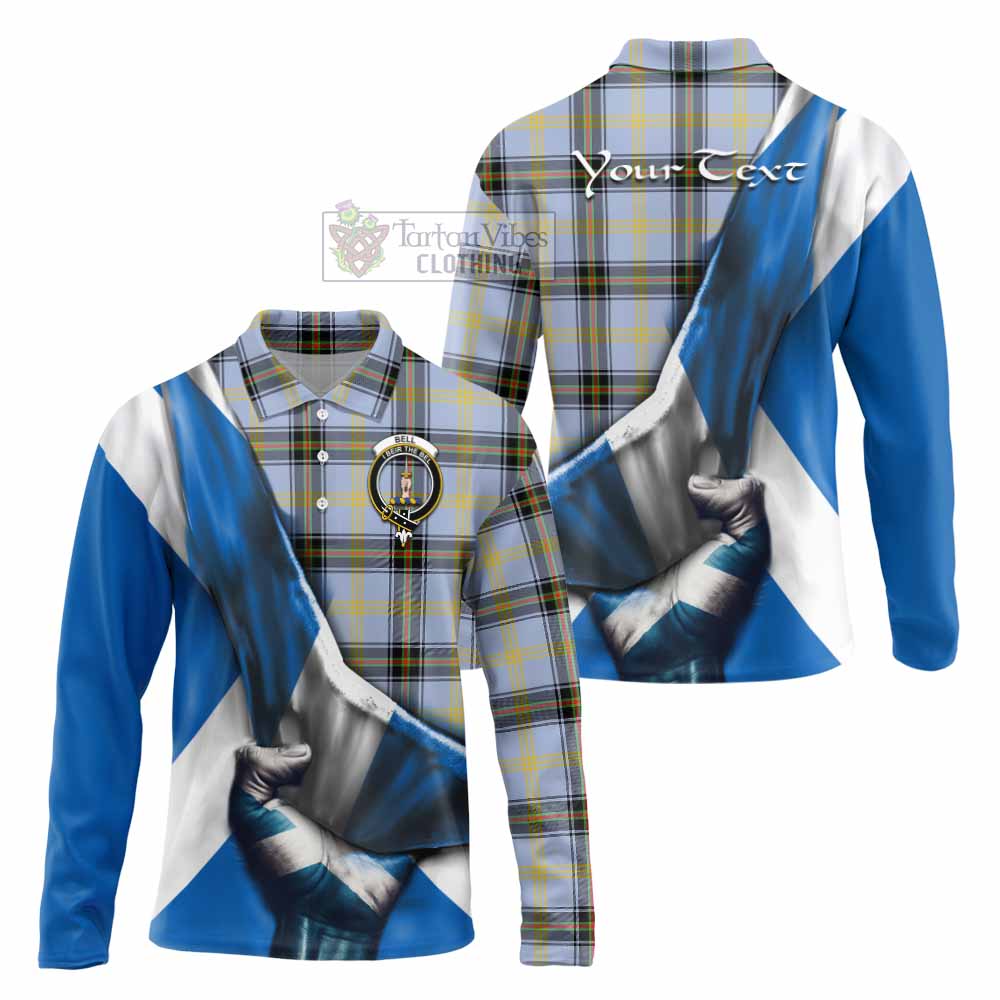 Tartan Vibes Clothing Bell Tartan Long Sleeve Polo Shirt with Family Crest Scotland Patriotic Style