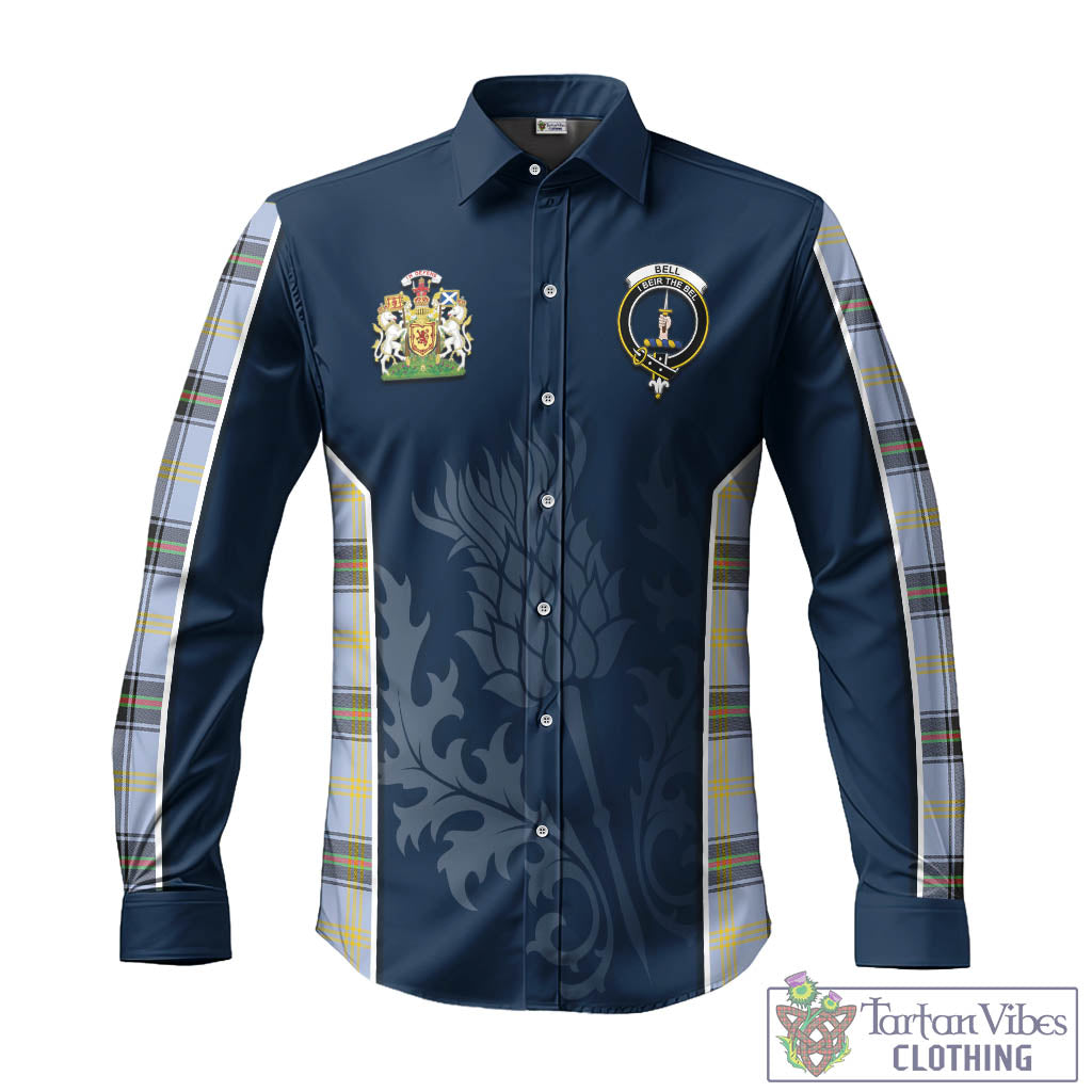 Tartan Vibes Clothing Bell Tartan Long Sleeve Button Up Shirt with Family Crest and Scottish Thistle Vibes Sport Style