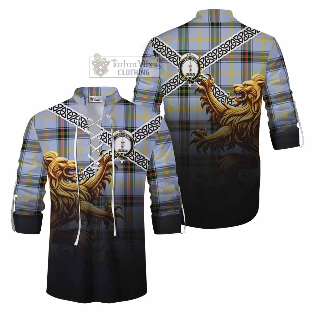 Bell Crest Tartan Ghillie Kilt Shirt with Golden Lion Emblem Celtic Style - Tartan Vibes Clothing