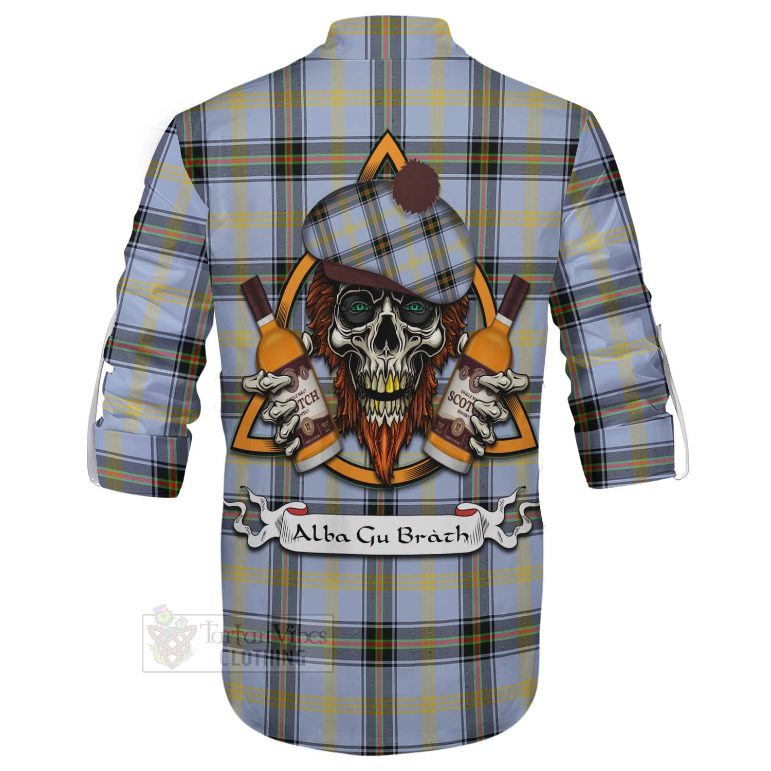 Tartan Vibes Clothing Bell Tartan Ghillie Kilt Shirt with Family Crest and Bearded Skull Holding Bottles of Whiskey