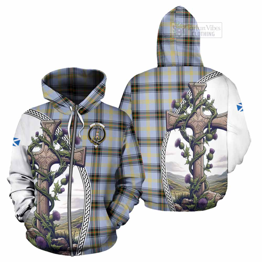 Tartan Vibes Clothing Bell Tartan Hoodie with Family Crest and St. Andrew's Cross Accented by Thistle Vines