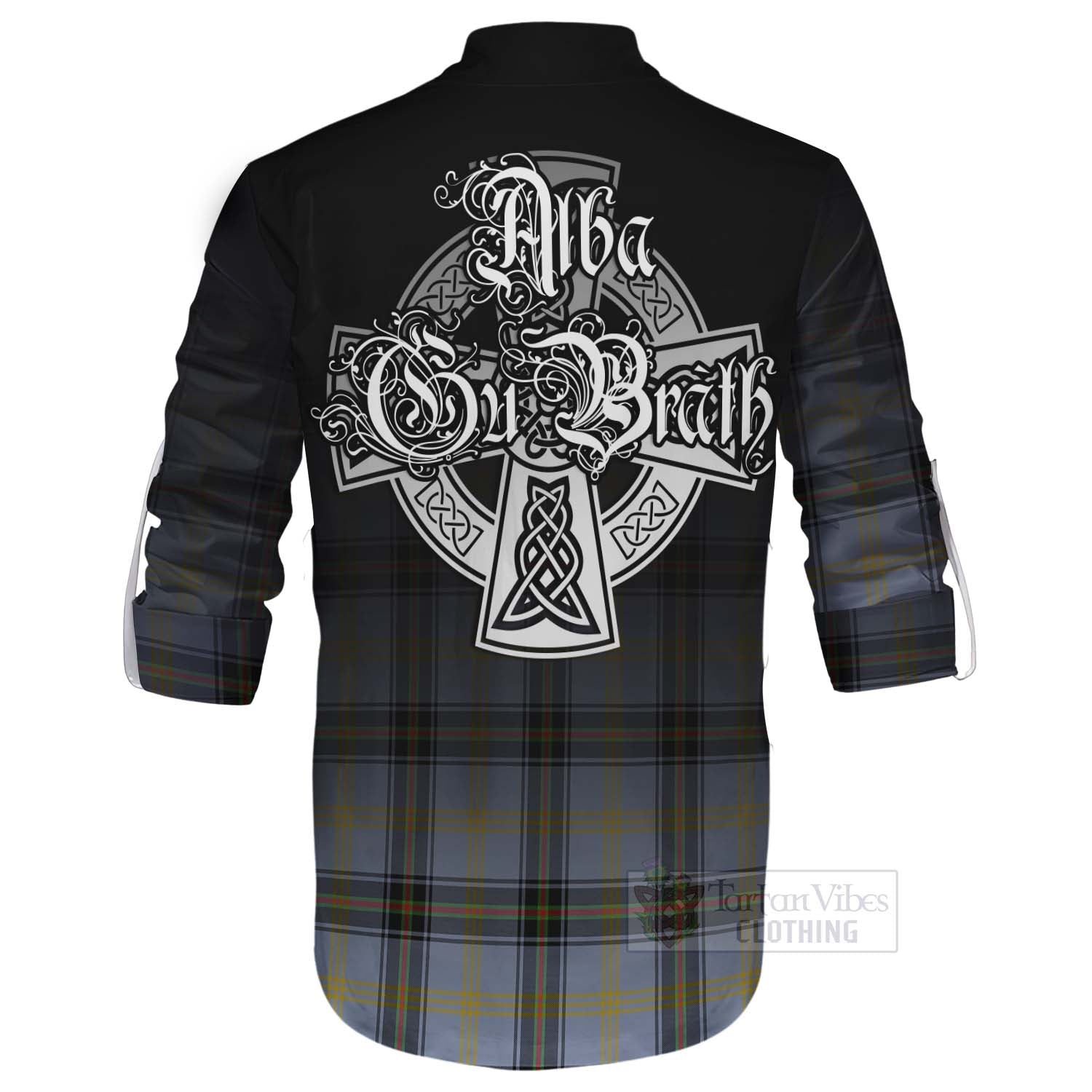 Tartan Vibes Clothing Bell Tartan Ghillie Kilt Shirt Featuring Alba Gu Brath Family Crest Celtic Inspired