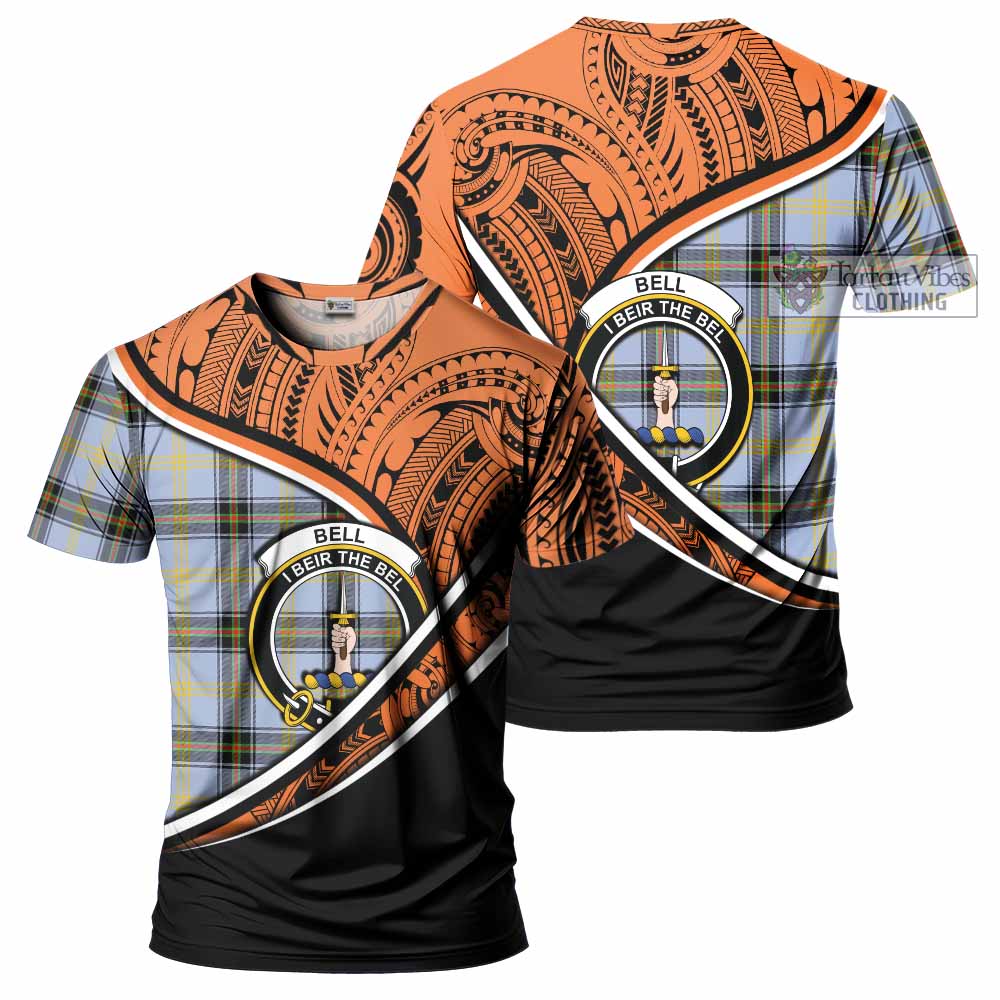 Tartan Vibes Clothing Bell Crest Tartan T-Shirt with Maori Tattoo Style - Orange Version