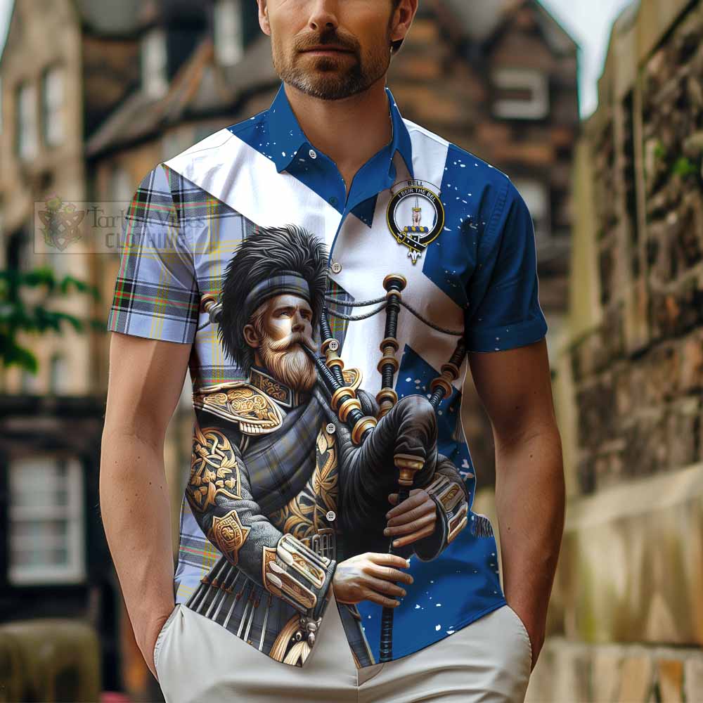 Tartan Vibes Clothing Bell Tartan Short Sleeve Button Shirt with Family Crest Scottish Bagpiper Vibes