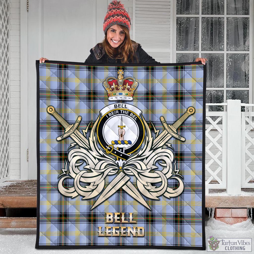 Tartan Vibes Clothing Bell Tartan Quilt with Clan Crest and the Golden Sword of Courageous Legacy