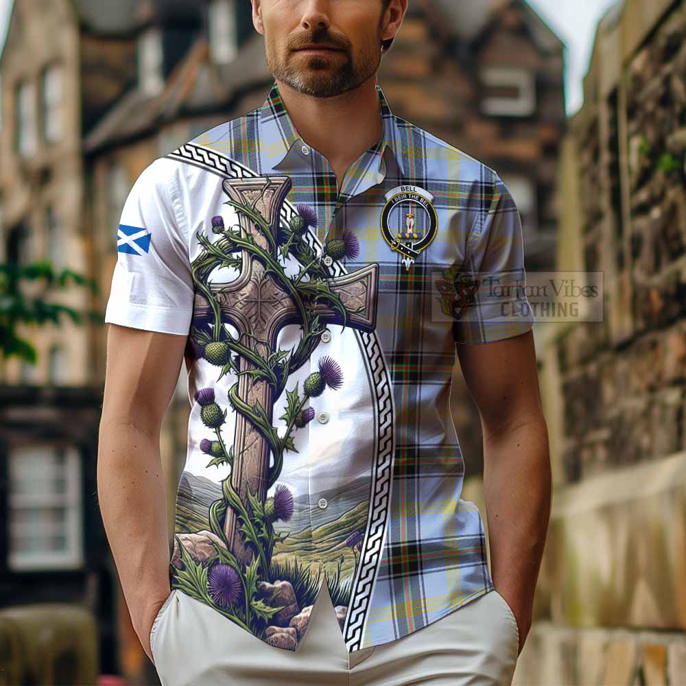 Tartan Vibes Clothing Bell Tartan Short Sleeve Button Shirt with Family Crest and St. Andrew's Cross Accented by Thistle Vines