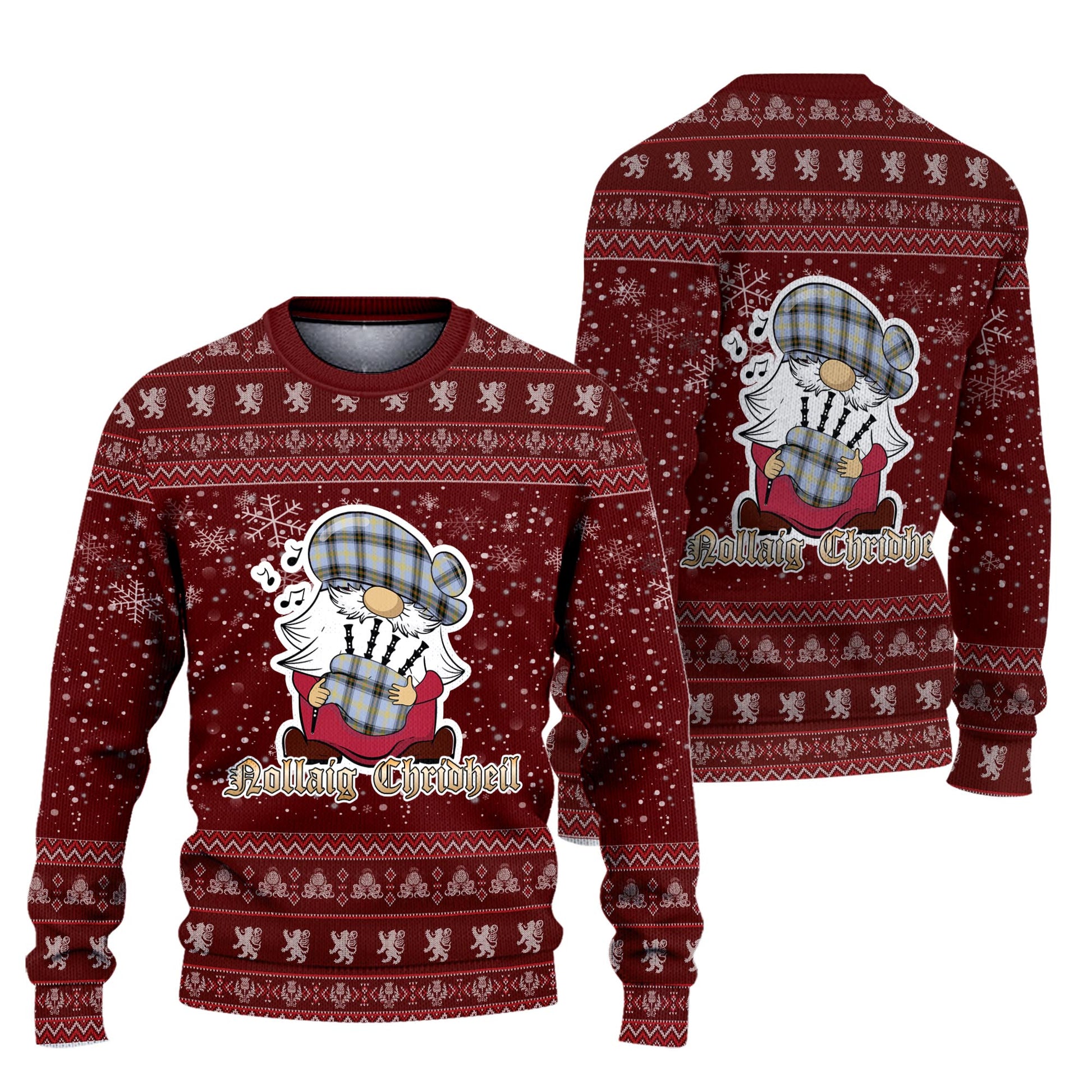 Bell Clan Christmas Family Knitted Sweater with Funny Gnome Playing Bagpipes Unisex Red - Tartanvibesclothing