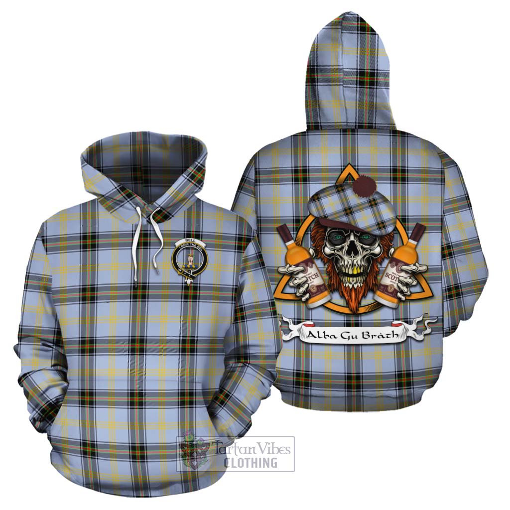 Tartan Vibes Clothing Bell Tartan Cotton Hoodie with Family Crest and Bearded Skull Holding Bottles of Whiskey