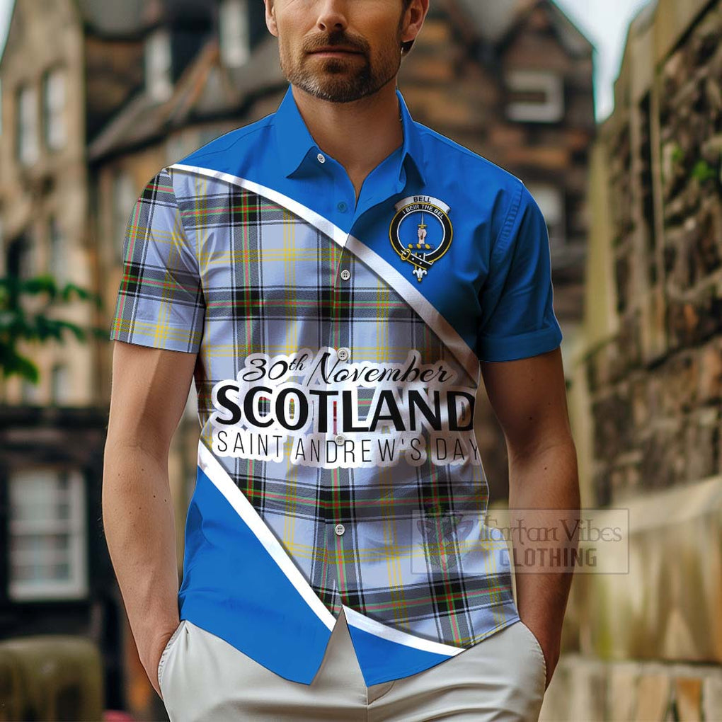 Tartan Vibes Clothing Bell Family Crest Tartan Short Sleeve Button Shirt Celebrate Saint Andrew's Day in Style