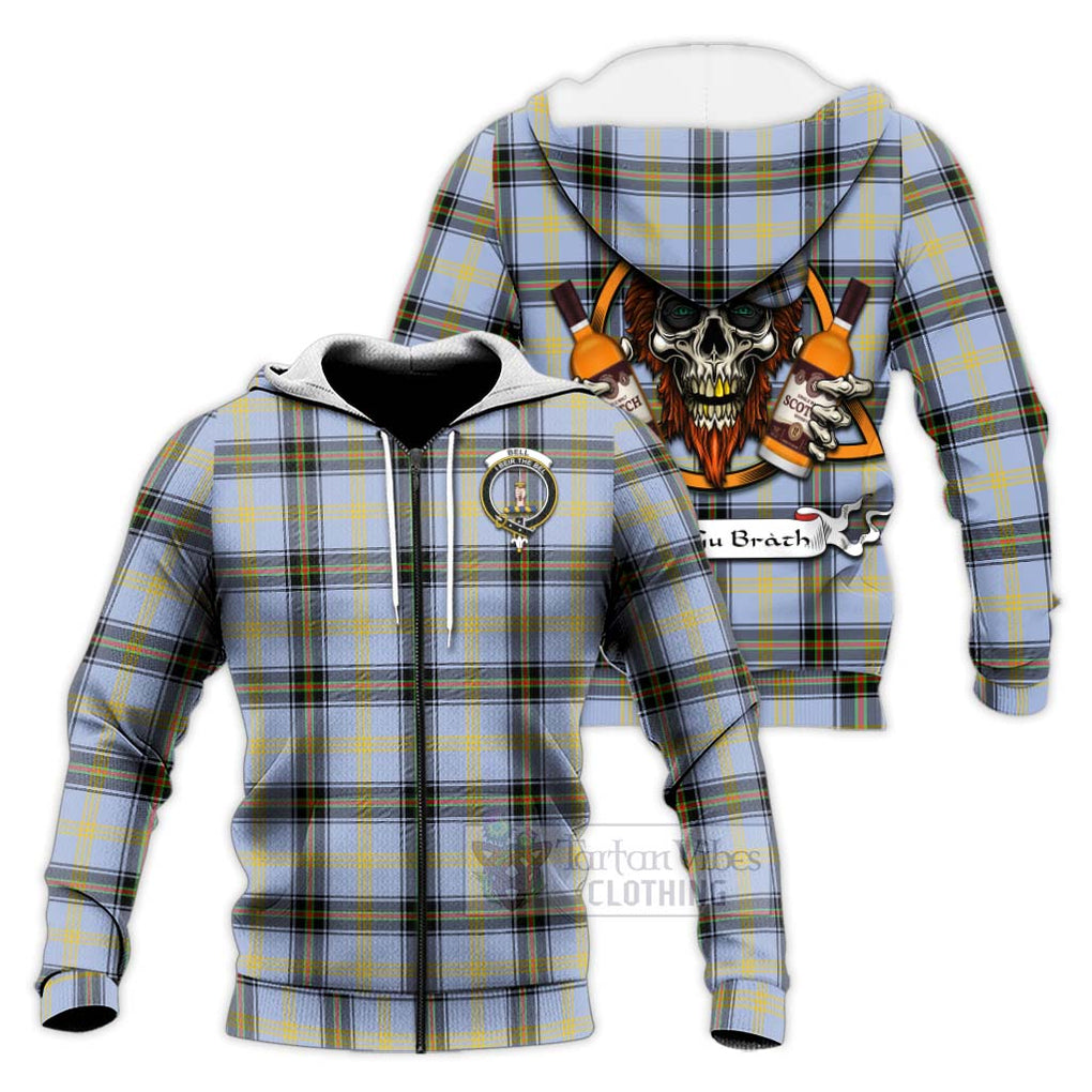 Tartan Vibes Clothing Bell Tartan Knitted Hoodie with Family Crest and Bearded Skull Holding Bottles of Whiskey