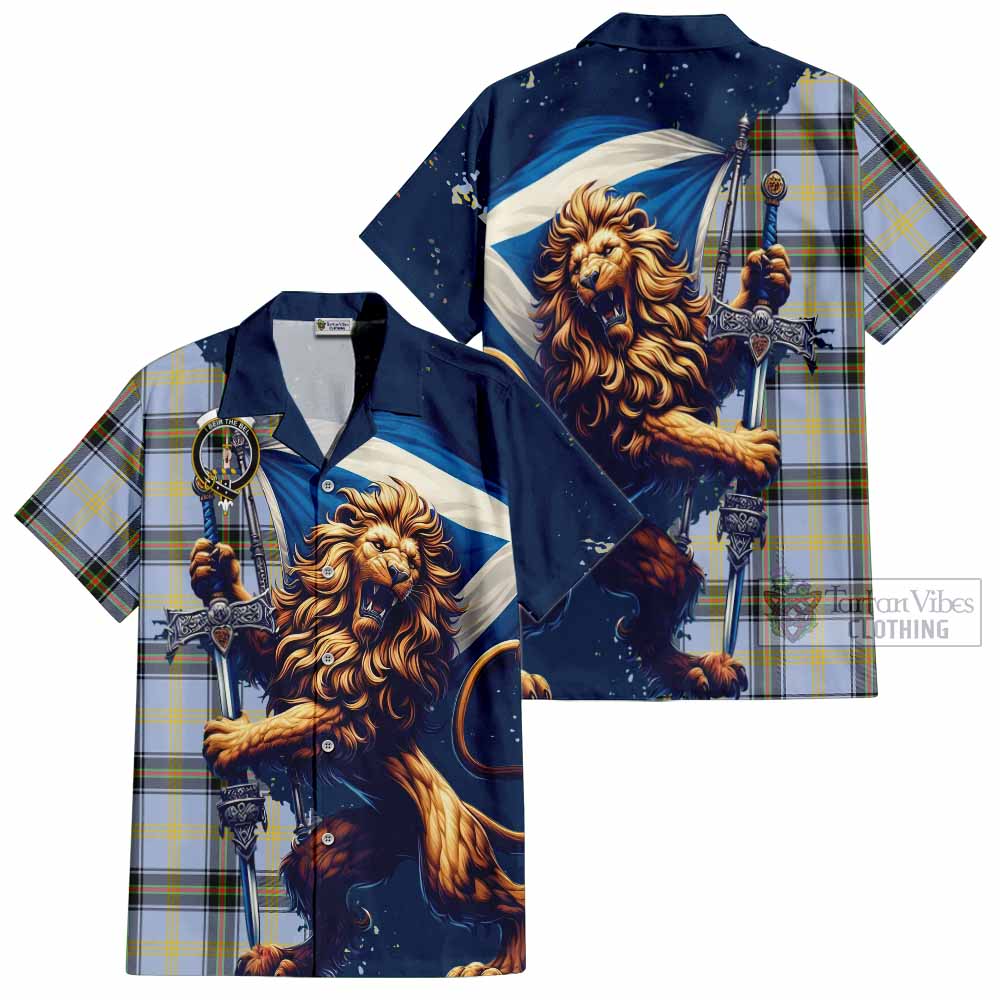 Tartan Vibes Clothing Bell Tartan Family Crest Short Sleeve Button Shirt with Scottish Majestic Lion