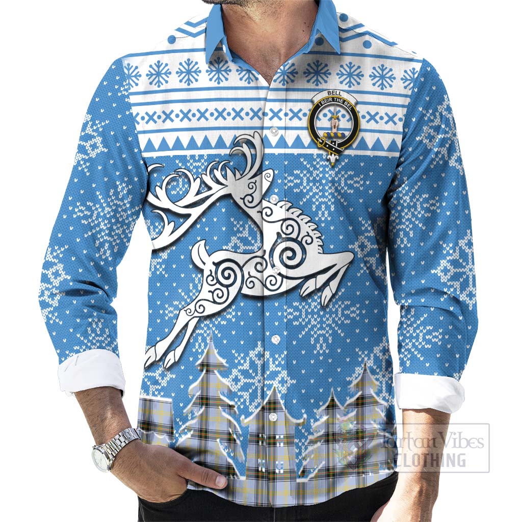 Tartan Vibes Clothing Bell Clan Christmas Long Sleeve Button Shirt Celtic Reindeer Style