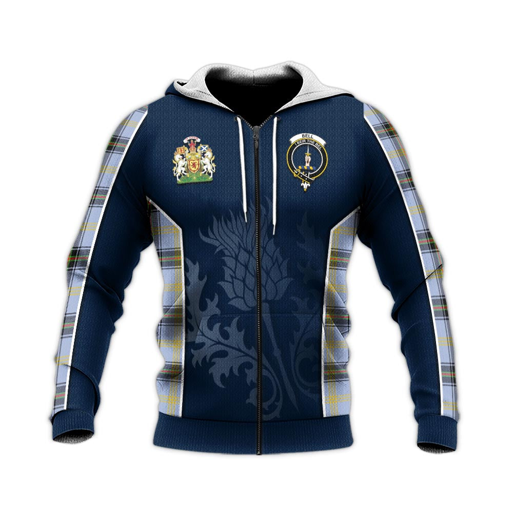 Tartan Vibes Clothing Bell Tartan Knitted Hoodie with Family Crest and Scottish Thistle Vibes Sport Style