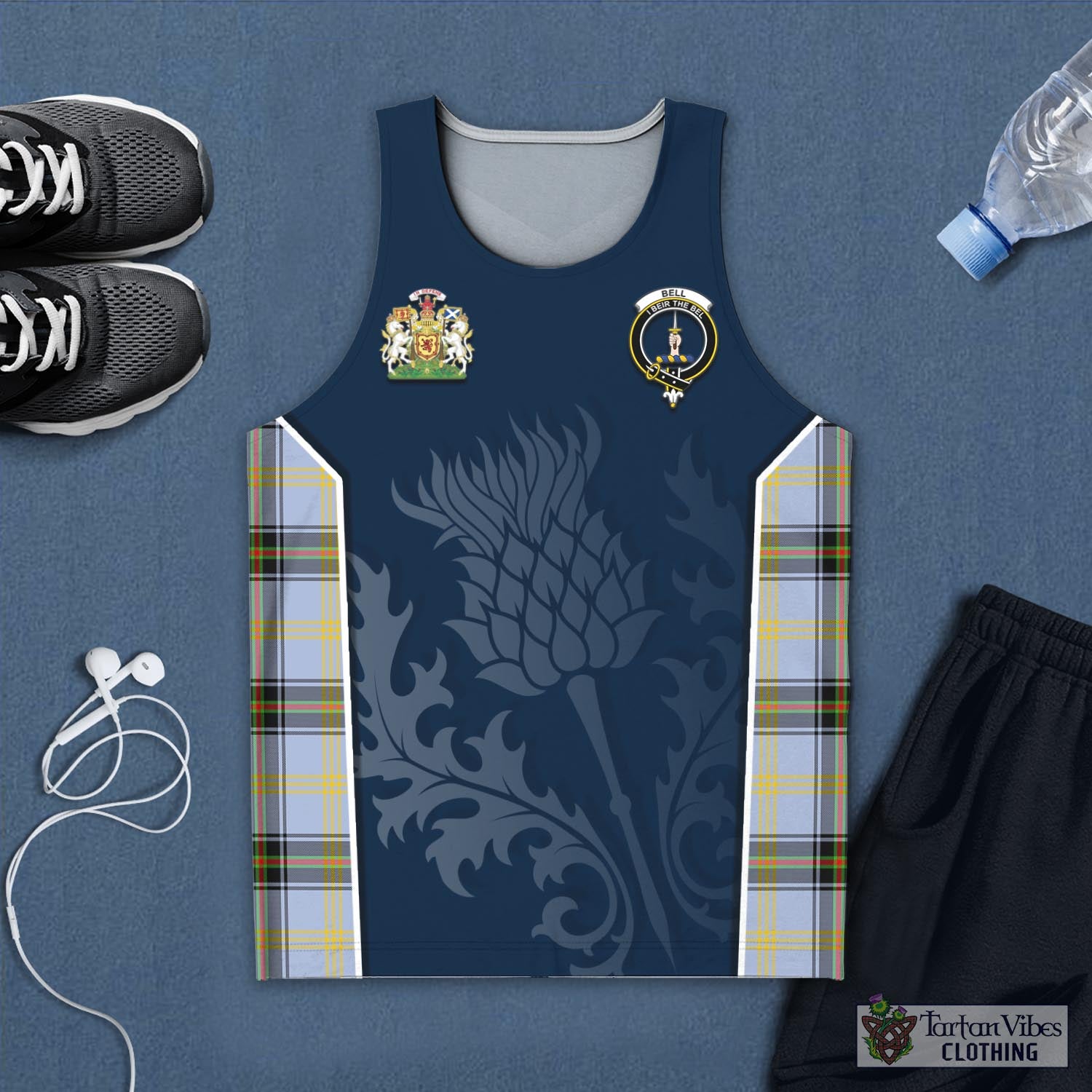 Tartan Vibes Clothing Bell Tartan Men's Tanks Top with Family Crest and Scottish Thistle Vibes Sport Style