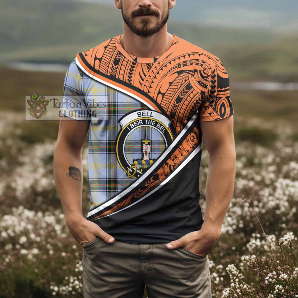 Tartan Vibes Clothing Bell Crest Tartan T-Shirt with Maori Tattoo Style - Orange Version