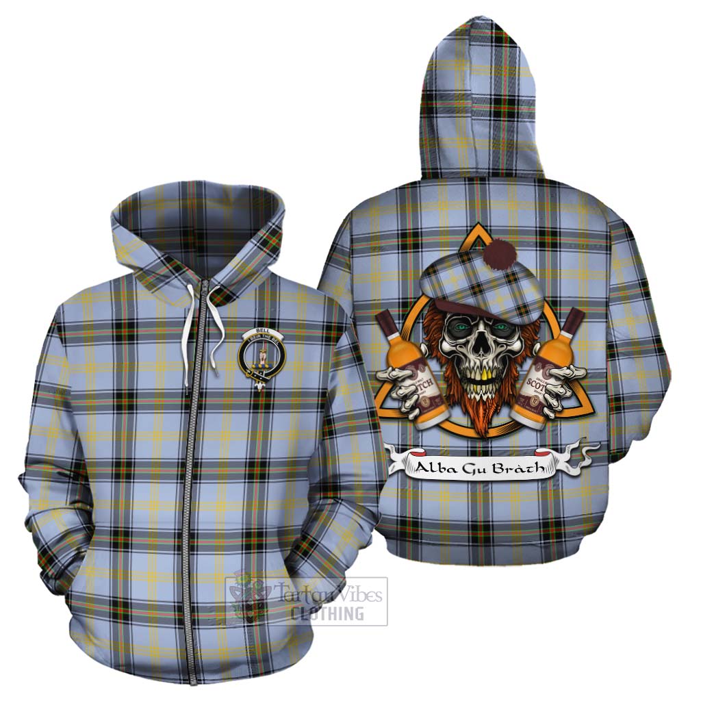 Tartan Vibes Clothing Bell Tartan Cotton Hoodie with Family Crest and Bearded Skull Holding Bottles of Whiskey