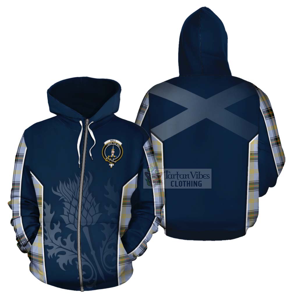 Tartan Vibes Clothing Bell Tartan Cotton Hoodie with Family Crest and Scottish Thistle Vibes Sport Style