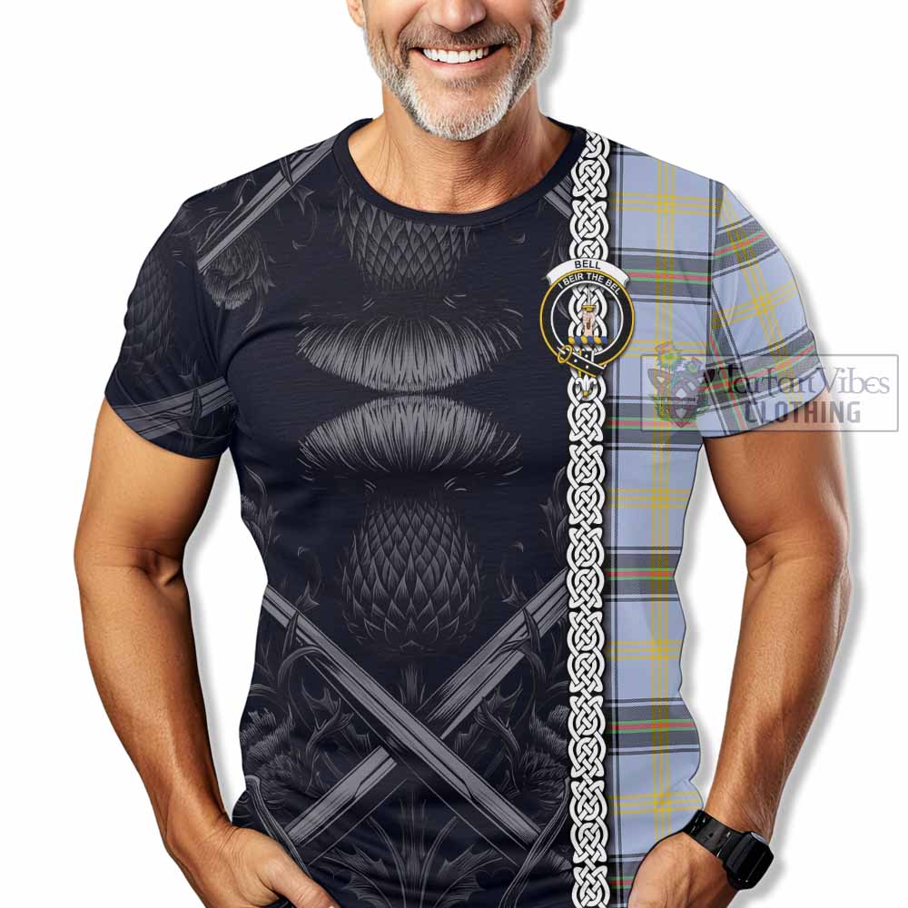 Tartan Vibes Clothing Bell Tartan T-Shirt with Family Crest Cross Sword Thistle Celtic Vibes