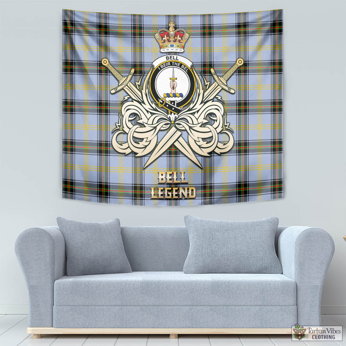 Tartan Vibes Clothing Bell Tartan Tapestry with Clan Crest and the Golden Sword of Courageous Legacy