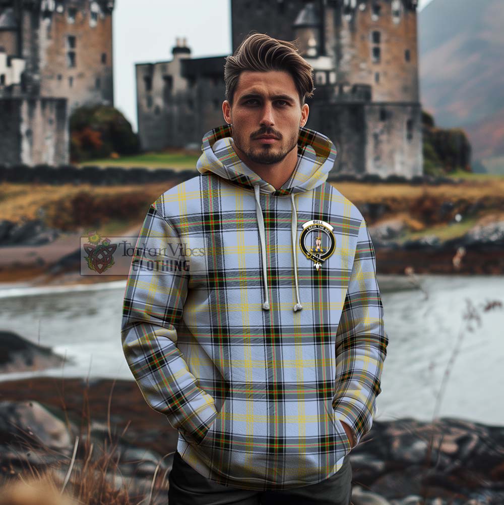 Tartan Vibes Clothing Bell Tartan Cotton Hoodie with Family Crest and Bearded Skull Holding Bottles of Whiskey